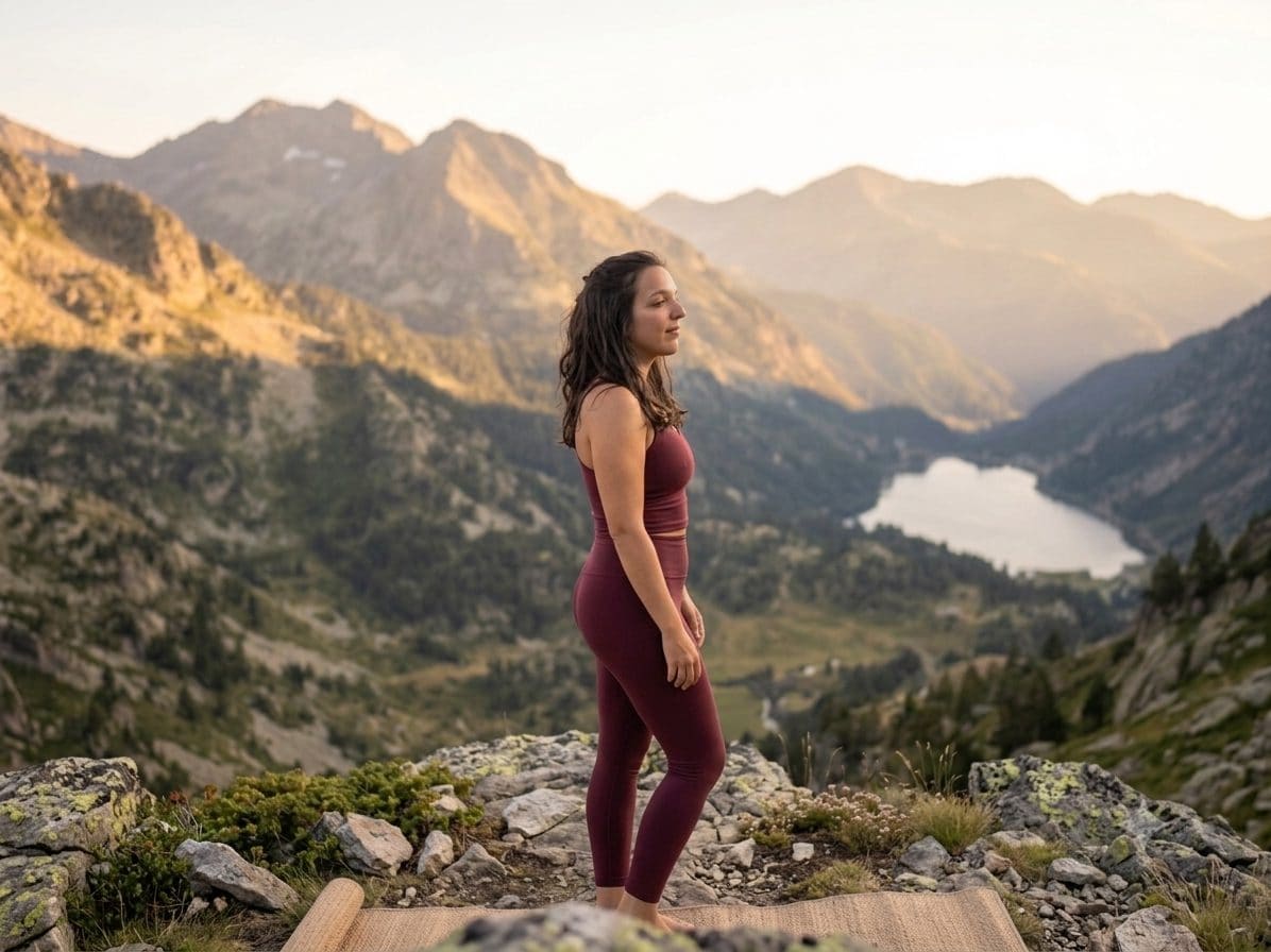 Femme debout face aux montagnes de Haute-Savoie au lever du soleil, regardant l'horizon avec sérénité
